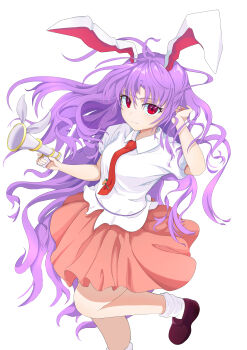Rule 34 | 1girl, absurdres, adjusting hair, animal ears, breasts, brown shoes, closed mouth, collared shirt, commentary, floating hair, foot out of frame, guminemi, hair spread out, hand in own hair, highres, holding, holding megaphone, loafers, long hair, looking at viewer, lunatic gun, medium breasts, megaphone, necktie, pink skirt, pleated skirt, purple hair, rabbit ears, rabbit girl, red eyes, red necktie, reisen udongein inaba, shirt, shoes, short sleeves, simple background, skirt, smile, solo, standing, standing on one leg, tie clip, touhou, very long hair, white background, white shirt