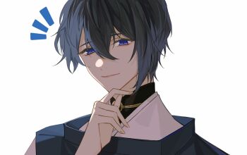 1boy absurdres black_hair blue_eyes blue_robe choker closed_mouth hair_between_eyes hand_on_own_chin hand_up highres japanese_clothes kariginu kimono looking_at_viewer male_focus mikazuki_munechika mohexi459 notice_lines o-ring o-ring_choker portrait robe short_hair simple_background single_sidelock smile solo touken_ranbu white_background white_kimono