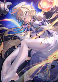 1girl bare_shoulders beret blonde_hair blue_eyes book breasts commentary_request detached_sleeves dress from_above from_side genshin_impact gold_halo hat highres long_hair long_sleeves looking_at_viewer lying mizurapi nicole_(genshin_impact) no_shoes on_side pantyhose pointy_ears purple_dress seelie_(genshin_impact) smile solo torn_clothes torn_pantyhose two-tone_dress very_long_hair white_dress white_hat white_pantyhose white_sleeves