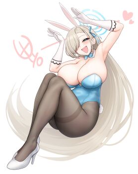 Rule 34 | 1girl, absurdres, animal ears, armpits, asuna (blue archive), asuna (bunny) (blue archive), black pantyhose, blue archive, blue bow, blue bowtie, blue eyes, blue leotard, blue ribbon, blush, bow, bowtie, breasts, brown hair, cleavage, collar, commentary request, detached collar, fake animal ears, gloves, greenteamousou, hair over one eye, high heels, highres, huge breasts, korean commentary, leotard, looking at viewer, mole, mole on breast, official alternate costume, open mouth, pantyhose, playboy bunny, rabbit ears, rabbit pose, ribbon, shoes, solo, strapless, strapless leotard, white background, white collar, white gloves, white shoes