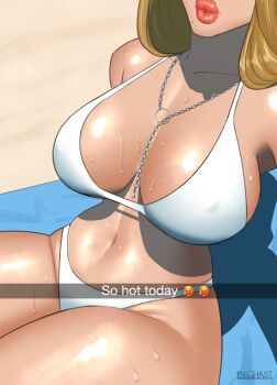 1girl absurdres artist_name beghastart bikini bleach blonde_hair breasts chain chain_necklace commentary covered_erect_nipples english_commentary english_text head_out_of_frame highres huge_breasts jewelry matsumoto_rangiku mole mole_under_mouth navel necklace puckered_lips sand selfie shadow shiny_skin snapchat solo sweat swimsuit thick_lips white_bikini