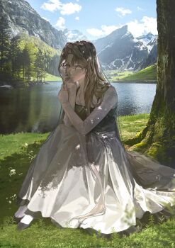 Rule 34 | 1girl, blonde hair, cloud, ea ateu, hand on own face, highres, long hair, long skirt, meadow, mountain, original, river, scenery, skirt, sky, tree, white skirt