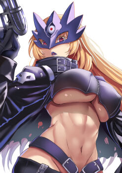 1girl a-na arm_up beelstarmon belt black_coat black_gloves black_pants black_vest blonde_hair blue_mask breasts coat commentary covered_erect_nipples cowboy_shot cropped_vest digimon digimon_(creature) eye_mask gloves groin gun highres holding holding_gun holding_weapon large_breasts leather leather_pants lipstick long_hair long_sleeves looking_at_viewer makeup mask multiple-barrel_gun navel open_clothes open_coat pants parted_lips purple_eyes purple_lips sidelocks simple_background skull_print solo standing stomach third_eye tight_clothes tight_pants torn_clothes torn_coat underboob vest weapon white_background zipper
