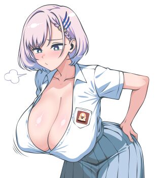 Rule 34 | 1girl, absurdres, alkaid exec, alternate costume, bent over, blue eyes, breasts, cleavage, commentary, covered erect nipples, english commentary, feather hair ornament, feathers, green eyes, grey hair, hair ornament, highres, hololive, hololive indonesia, huge breasts, official alternate hair length, official alternate hairstyle, open clothes, open shirt, pavolia reine, pleated skirt, shiny skin, shirt, short hair, simple background, skirt, solo, virtual youtuber, white background