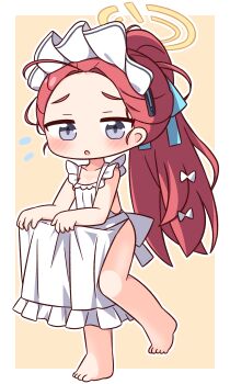 1girl :o absurdres apron apron_hold barefoot blue_archive blue_ribbon blush border bow collarbone commentary_request flying_sweatdrops frilled_apron frills full_body grey_eyes hair_bow hair_ribbon halo hana_kazari highres long_hair looking_at_viewer maid_headdress naked_apron open_mouth outline outside_border ponytail red_hair ribbon simple_background solo standing standing_on_one_leg white_apron white_border white_bow white_outline yellow_background yellow_halo yuzu_(blue_archive) yuzu_(maid)_(blue_archive)