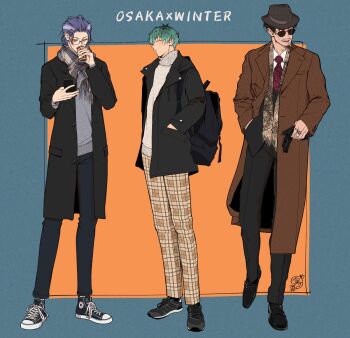 Rule 34 | 3boys, :o, adam's apple, alternate costume, amayado rei, antenna hair, aqua hair, backpack, bag, beard stubble, black bag, black coat, black gloves, black hair, black hat, black jacket, black pants, black shoes, black socks, black suit, blue background, blue pants, blue shoes, breast pocket, brown coat, brown pants, can, cellphone, cheekbones, choppy bangs, cigarette, closed eyes, coat, collared shirt, commentary request, converse, denim, dotsuitare hompo, dress pants, dress shoes, drink can, drinking, english text, expressionless, eyewear strap, facial hair, facing to the side, fedora, film grain, formal clothes, full body, glasses, gloves, grey scarf, grey sweater, grin, hair slicked back, hand in pocket, hand up, hat, highres, holding, holding can, holding phone, holding unworn clothes, hood, hood down, hooded jacket, hypnosis mic, inset border, jacket, jeans, jewelry, kamachiri, light blush, long sleeves, looking at phone, looking to the side, loose hair strand, male focus, mature eyes, mature male, mouth hold, multicolored hair, multiple boys, multiple rings, mustache stubble, necktie, nurude sasara, open clothes, open coat, open jacket, orange background, paisley, pants, pants rolled up, parted lips, phone, pink necktie, plaid clothes, plaid pants, plaid scarf, pocket, print necktie, print scarf, purple hair, red eyes, ring, round eyewear, scar, scar across eye, scar on face, scarf, shirt, shoes, short hair, signature, silver ring, smartphone, smile, smoking, sneakers, socks, streaked hair, stubble, suit, suit jacket, sunglasses, sweater, tsutsujimori rosho, turtleneck, turtleneck sweater, unworn gloves, very short hair, wavy hair, white shirt, white streaks, white sweater, winter clothes, wrinkled skin, yellow scarf