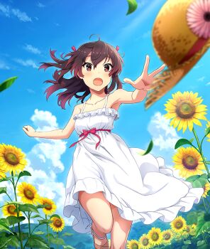1girl :o ahoge armpits asakura_mihono blue_sky blurry blurry_foreground blush bow breasts brown_hair brown_sandals chasing cloud collarbone day dot_nose double-parted_bangs dress falling_leaves field flower flower_field frilled_dress frills game_cg gradient_hair hair_ribbon hat hat_flower leaf medium_hair mountainous_horizon multicolored_hair official_art open_mouth outdoors outstretched_arm pink_flower pink_ribbon purple_hair red_bow red_eyes red_ribbon ribbon running sandals sky small_breasts solo spaghetti_strap straw_hat sundress sunflower sunflower_field third-party_source toji_no_miko toji_no_miko:_kizamishi_issen_no_tomoshibi underbust unworn_hat unworn_headwear white_dress wind yellow_flower