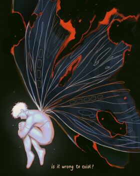 Rule 34 | 1boy, broken wing, commentary, english commentary, english text, fetal position, from side, highres, hikaru ga shinda natsu, indou hikaru, male focus, namamakyuu, nude, short hair, solo, white hair, wings