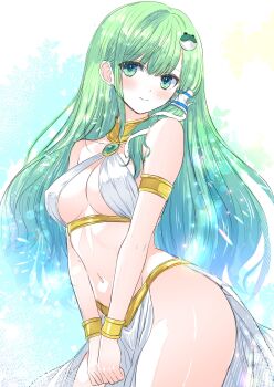 1girl absurdres alternate_costume breasts cleavage commentary_request cowboy_shot dancer frog_hair_ornament green_eyes green_hair hair_ornament highres kochiya_sanae long_hair medium_breasts navel simple_background solo tomo_(uguisu-tei) touhou white_background