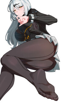 1girl absurdres ass black_pantyhose blush bodystocking breasts chinese_commentary commentary_request hair_ornament hairclip highres large_breasts long_hair looking_at_viewer lying no_shoes on_side pantyhose seamed_legwear simple_background soles solo tang_ke white_background white_hair yellow_eyes yixuan_(trails_of_ink)_(zenless_zone_zero) yixuan_(zenless_zone_zero) zenless_zone_zero