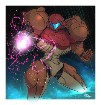 Rule 34 | 1girl, arm cannon, armor, artist name, assault visor, blue visor, border, commentary request, cowboy shot, electricity, metroid, nintendo, orange armor, partially submerged, power suit (metroid), powering up, rain, samus aran, science fiction, solo, varia suit, wakaba (wata ridley), weapon, white border