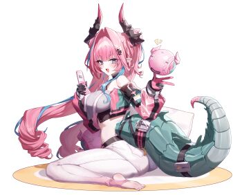 1girl absurdres anus arknights arknights:_endfield black_horns blue_eyes blue_hair breasts cellphone commentary_request drone flip_phone gloves grey_tube_top highres holding holding_phone horns jacket large_breasts large_tail multicolored_hair multicolored_horns open_mouth pants phone pink_hair pink_horns pointy_ears simple_background smile solo stirrup_legwear strapless tail taiyaki12 toeless_legwear toes tube_top two-tone_hair two-tone_horns white_background white_pants yvonne_(arknights)