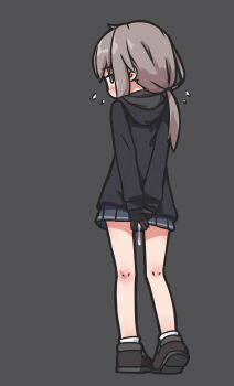 1girl absurdres aftersex arms_behind_back black_hoodie blush cum cum_in_pussy cum_leaking_out_of_pussy cumdrip facing_away female_focus from_behind full_body girls&#039;_frontline highres hood hoodie loli looking_at_viewer looking_back m200_(girls&#039;_frontline) profile qswan shoes simple_background skirt socks solo standing