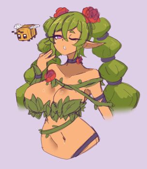 Rule 34 | 1girl, bee (minecraft), bikini, braid, breasts, choker, cleavage, collarbone, dark-skinned female, dark skin, doce, dryad (terraria), female focus, flower, green hair, hair between eyes, hair flower, hair ornament, hand to own mouth, highres, leaf bikini, long hair, looking at viewer, minecraft, navel, one eye closed, parted lips, plant, pointy ears, purple eyes, red flower, simple background, solo focus, swimsuit, terraria, twin braids, upper body, vines
