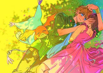 Rule 34 | blonde hair, body fur, brown hair, brown pants, cat, couple, digimon, digimon adventure 02, dress, grass, green shirt, hetero, highres, looking at another, lying, ojing oppa (o b s 00), on ground, on side, orange fur, pants, patamon, pink dress, shirt, short hair, tailmon, takaishi takeru, white fur, white shirt, yagami hikari