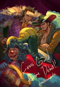 3boys beard black_hair blue_hair buggy_the_clown cigar coat commentary crocodile_(one_piece) cross_pendant dracule_mihawk english_commentary eriochromatic facial_hair fur-trimmed_coat fur_trim hair_slicked_back hat hat_feather high_collar highres holding holding_unworn_clothes holding_unworn_hat hook_hand male_focus multiple_boys mustache one_piece pirate_hat purple_vest red_nails smoke stitched_face stitches sweatdrop twitter_username unworn_hat unworn_headwear vest