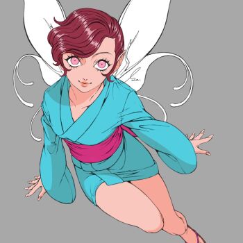 1girl aqua_kimono artist_name bad_id bad_twitter_id brown_hair closed_mouth collarbone demon_(megami_tensei) fairy fairy_wings highres japanese_clothes kimono looking_at_viewer nail_polish pink_eyes pixie_(megami_tensei) s_ir_s sandals shin_megami_tensei simple_background solo swept_bangs thighs wings