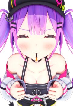 1girl 3d absurdres artist_request blush breasts cleavage closed_eyes collarbone demon_tail embarrassed food hat highres hololive jacket medium_breasts pocky pov purple_hair shorts tail tokoyami_towa twintails virtual_youtuber white_background