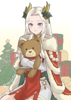1girl bare_shoulders blush box cape christmas christmas_tree closed_mouth commentary_request dress edelgard_von_hresvelg edelgard_von_hresvelg_(snowfall_future) fake_horns fire_emblem fire_emblem:_three_houses fire_emblem_heroes fur_trim gift gift_box gloves gold_choker hair_ornament hat_ornament highres holding holding_stuffed_toy holly holly_hair_ornament holly_hat_ornament horns long_hair looking_at_viewer multicolored_dress nintendo official_alternate_costume purple_eyes red_cape red_dress sitting smile solo star_(symbol) stuffed_animal stuffed_toy tea6043 teddy_bear thighs white_dress white_gloves white_hair yellow_horns