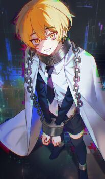 Rule 34 | 1boy, black thighhighs, blonde hair, bound, bound wrists, buhuaixiaoguai, cape, chain, collared shirt, commentary, english commentary, from above, glitch, hair between eyes, highres, index (identity) (project moon), limbus company, looking at viewer, male focus, necktie, project moon, shirt, short hair, sinclair (project moon), smile, solo, standing, thighhighs, white cape, white shirt