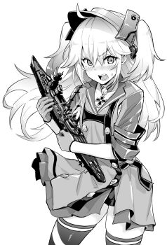1girl admiral_hipper_(azur_lane) admiral_hipper_(cruiser) azur_lane cross cruiser gloves greyscale highres hori_(hori_no_su) iron_cross long_hair looking_at_viewer military_vehicle model model_ship mole mole_under_eye monochrome ship simple_background solo teeth thighhighs tongue warship watercraft white_background