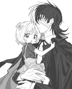 Rule 34 | 1boy, 1girl, black jack (character), black jack (series), bow, carrying, carrying person, coat, greyscale, hair bow, highres, looking ahead, looking at viewer, monochrome, patchwork skin, pinoko, short hair, simple background, skirt, suspender skirt, suspenders, tiry 235, white background