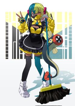 1girl alternate_costume apron aqua_hair black_apron black_mask black_thighhighs blonde_hair blue_thighhighs blush boots breasts broom canari_(pokemon) cleavage_cutout clothing_cutout dark-skinned_female dark_skin eel eelektrik fangs frills gen_5_pokemon grey_eyes highres holding holding_broom long_sleeves looking_at_viewer mask medium_breasts mega_stone mismatched_thighhighs mouth_mask multicolored_hair myuga66666 nintendo one_eye_closed open_mouth poke_ball pokemon pokemon_(creature) pokemon_legends:_z-a quick_ball romper sharp_teeth short_twintails split-color_hair teeth thighhighs twintails two-tone_hair two-tone_mask v white_boots yellow_mask yellow_romper