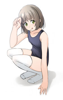 1girl black_one-piece_swimsuit brown_hair flat_chest green_eyes old_school_swimsuit one-piece_swimsuit original school_swimsuit shibacha short_hair simple_background solo squatting swimsuit thighhighs tongue tongue_out white_background white_thighhighs