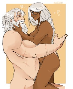 1boy 1girl absurdres ana_(overwatch) beard braid braided_ponytail commentary completely_nude couple dark-skinned_female dark_skin english_commentary facial_hair female_pubic_hair full_beard highres hug looking_at_another male_pubic_hair muscular muscular_male nude old old_woman overwatch pubic_hair pubic_hair_peek reinhardt_(overwatch) riveer_shii scar smile white_hair