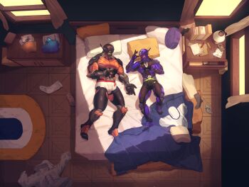2boys absurdres antennae bara black_male_underwear blanket boop_dega clothes_on_floor couple curtains dappled_sunlight destiny_(game) drawer faceless faceless_male from_above full_body ghost_(destiny) glowing glowing_eyes hand_on_own_stomach head_on_pillow highres humanoid_robot joints looking_at_another lying male_focus male_underwear multiple_boys muscular muscular_male no_humans on_back on_bed original pillow robot robot_joints sunlight underwear underwear_only white_male_underwear window yaoi yellow_eyes