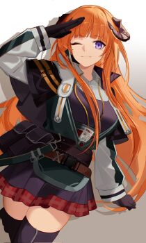 1girl ;) arknights bagpipe_(arknights) belt black_capelet black_gloves black_horns black_skirt black_thighhighs blunt_bangs brown_belt brown_hair capelet commentary commission corrupted_twitter_file cowboy_shot drop_shadow dzyyeee english_commentary gloves gradient_background grey_background highres horns light_smile long_hair long_sleeves looking_at_viewer one_eye_closed plaid_clothes plaid_skirt pleated_skirt pouch purple_eyes purple_vest red_skirt salute shirt skirt smile solo standing thighhighs vest white_background white_shirt
