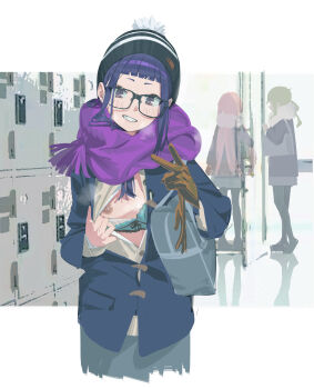 1girl absurdres barbell_piercing beanie blue_hair blunt_bangs bra breasts brown_eyes coat covered_erect_nipples dark_areolae flashing glasses grin hat highres inuyama_aoi kagamihara_nadeshiko long_hair nipple_piercing oogaki_chiaki piercing presenting_breasts scarf school_uniform sidelocks small_breasts smile sunny_bitch teeth underwear winter_clothes winter_coat yurucamp