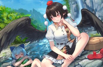 2girls bare_arms bare_legs barefoot black_hair black_wings blue_bow blue_hair blue_sky blush bow breasts cirno cliff closed_eyes commentary_request day food frilled_skirt frills fruit hair_between_eyes hair_bow hand_on_own_leg hat ice ice_wings medium_breasts multiple_girls open_mouth outdoors picnic_basket pointy_ears pom_pom_(clothes) puffy_short_sleeves puffy_sleeves red_eyes roke_(taikodon) shameimaru_aya shirt shoes short_hair short_sleeves sitting skirt sky smile tokin_hat touhou untucked_shirt unworn_shoes water waterfall watermelon white_shirt wings