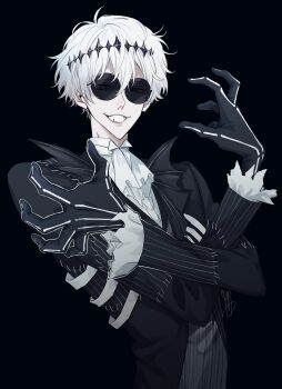 1boy ascot black_crown black_gloves crossed_arms crown diamond_hairband formal_clothes gloves highres jacket khr long_sleeves looking_at_viewer male_focus missing_tooth pinstripe_jacket pinstripe_pattern pinstripe_suit pinstripe_vest round_eyewear short_hair skeleton skeleton_print skully_j._graves smile solo stitches striped_clothes striped_jacket striped_vest suit sunglasses twisted_wonderland vertical-striped_clothes vertical-striped_jacket vertical-striped_vest vest white_hair