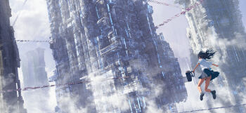 1girl aircraft ass bag black_hair black_shoes black_skirt building clothes_lift commentary english_commentary floating_hair flying_car fog highres holding holding_bag long_hair midair original outstretched_arms owl_ying panties pantyshot pleated_skirt scenery school_bag school_uniform science_fiction shirt shoes short_sleeves skirt skirt_lift solo spread_arms underwear white_panties white_shirt wide_shot wind wind_lift