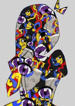 black_hair blue_skin blunt_bangs closed_mouth colored_skin ena_(ena) ena_(series) ena_(web_series) happy_ena highres keeper_(ena) nose purple_eyes short_sleeves smile split-color_skin surreal usagimarumei yellow_skin