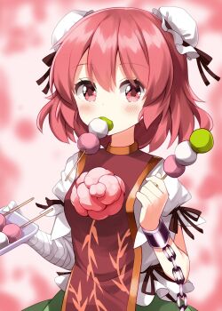 Rule 34 | 1girl, bandaged arm, bandages, bun cover, commentary request, dango, double bun, food, hair between eyes, hair bun, highres, holding, holding food, ibaraki kasen, looking at viewer, pink background, pink eyes, pink hair, red tabard, ruu (tksymkw), sanshoku dango, shirt, short hair, short sleeves, solo, tabard, touhou, upper body, wagashi, white shirt