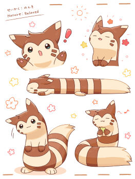 ! absurdres animal_focus aqua_eyes aspear_berry berry_(pokemon) closed_eyes commentary_request eating flower furret gen_2_pokemon highres musical_note neko_gyoza nintendo no_humans open_mouth pokemon pokemon_(creature) shadow simple_background smile standing white_background