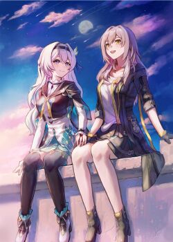 2girls absurdres black_boots black_bridal_gauntlets black_gloves black_hairband black_jacket black_skirt black_thighhighs boots bridal_gauntlets closed_mouth cloud cloudy_sky commentary_request cropped_jacket detached_sleeves firefly_(honkai:_star_rail) gloves grey_hair hair_between_eyes hair_ornament hairband highres holding_hands honkai:_star_rail honkai_(series) isome jacket long_hair long_sleeves looking_ahead looking_at_another multicolored_eyes multiple_girls neckerchief open_mouth outdoors revision shirt sitting skirt sky smile stelle_(honkai:_star_rail) teeth thighhighs trailblazer_(honkai:_star_rail) upper_teeth_only white_boots white_shirt yellow_eyes