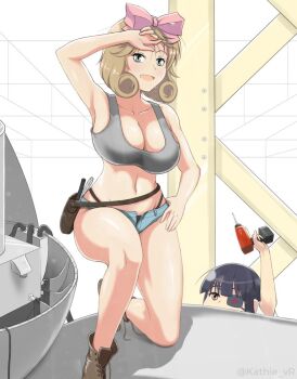 2girls bikini black_hair boots breasts brown_hair cleavage eyepatch green_eyes hair_ribbon haruka_(senran_kagura) kathie_vr large_breasts long_hair medium_hair micro_shorts mirai_(senran_kagura) multiple_girls ribbon senran_kagura shorts swimsuit