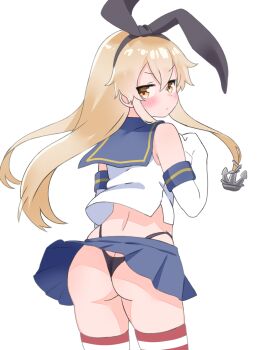 1girl anchor_hair_ornament angry ass black_panties black_ribbon blonde_hair blue_skirt blush from_behind gloves hair_ornament hair_ribbon hairband highleg highleg_panties highres kantai_collection loli long_hair looking_at_viewer looking_back matu_(matu19) midriff panties red_thighhighs ribbon school_uniform serafuku shimakaze_(kancolle) shirt skirt sleeveless sleeveless_shirt standing striped_clothes striped_thighhighs thighhighs underwear white_gloves white_shirt wind wind_lift yellow_eyes