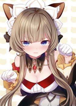 Rule 34 | 1girl, animal ears, blue eyes, breasts, brown hair, cat ears, cleavage, closed mouth, commentary request, genshin impact, gloves, highres, large breasts, ogiyuki, paw pose, sandrone (genshin impact), solo, white gloves