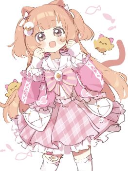1girl :d animal_ears bird blunt_bangs blush_stickers bow bowtie brown_eyes cat_ears cat_girl cat_tail commentary cowboy_shot egg_hair_ornament food-themed_hair_ornament frilled_skirt frilled_sleeves frills hair_bow hair_ornament hamuyu highres jacket kemonomimi_mode kirara_tamako long_hair long_sleeves looking_at_viewer nijisanji open_clothes open_jacket open_mouth orange_hair pink_bow pink_bowtie pink_jacket pink_skirt plaid_clothes plaid_skirt pleated_skirt sailor_collar shirt simple_background skirt smile solo striped_bow striped_bowtie striped_clothes tail thighhighs two_side_up white_background white_bow white_sailor_collar white_shirt white_thighhighs zettai_ryouiki