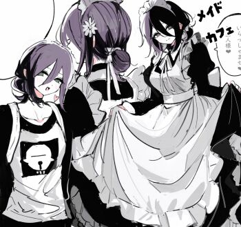 1girl alternate_costume apron blush breasts chainsaw_man choker green_eyes hair_between_eyes hair_bun heart highres maid maid_apron mizu1202001 multiple_girls naughty_face purple_hair reze_(chainsaw_man) shirt simple_background single_hair_bun small_breasts speech_bubble