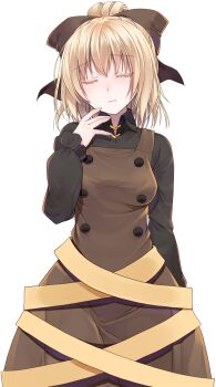 Rule 34 | 1girl, black bow, black shirt, blonde hair, bow, breasts, brown dress, buttons, closed eyes, collared shirt, commentary request, cowboy shot, crote, dress, fingernails, frilled sleeves, frills, hair bow, hand up, head tilt, highres, kurodani yamame, large variant set, long sleeves, medium breasts, pinafore dress, ponytail, shirt, short hair, simple background, sleeveless, sleeveless dress, solo, standing, tachi-e, touhou, transparent background, variant set