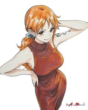 1girl animerch_x arm_tattoo artist_name breasts dress earrings highres jewelry large_breasts nami_(one_piece) one_piece orange_eyes orange_hair ponytail red_dress smile tattoo