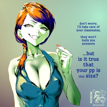 1girl bare_arms bare_shoulders breasts caption cleavage colored_skin covered_erect_nipples evil_smile gesture grey_skin highres humiliation large_breasts low-cut orange_hair pinching_gesture pink_lips ponytail realistic simple_background small_penis_humiliation smile smirk virginsitter