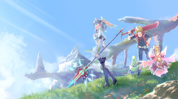 1boy 1girl blue_eyes braid crown_braid curly_hair dress fuwamoko_momen_toufu head_wings highres holding holding_staff kino_(xenoblade) melia_antiqua monado nene_(xenoblade) scenery short_hair shulk_(xenoblade) silver_hair staff sword weapon wings xenoblade_chronicles:_future_connected xenoblade_chronicles_(series) xenoblade_chronicles_1