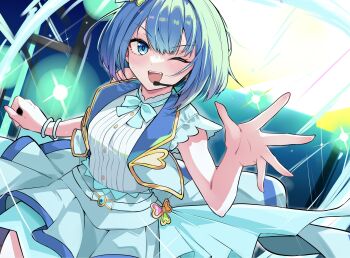1girl ;d absurdres aqua_bow aqua_bowtie aqua_skirt aqua_vest asymmetrical_sleeves bare_arms blue_eyes blue_hair blush bob_cut bow bowtie bracelet buttons commentary_request commission dot_nose gold_trim hair_ornament hand_up headset highres idol idol_clothes jewelry kiritani_haruka kotuzui_yositune kowareta_sekai_to_utaenai_miku looking_at_viewer music official_alternate_costume one_eye_closed open_clothes open_mouth open_vest project_sekai second-party_source shirt shirt_tucked_in short_hair singing skirt sleeveless sleeveless_shirt smile solo stage stage_lights sweat teeth upper_teeth_only vest white_shirt