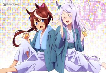 2girls animal_ears blue_eyes blue_ribbon blush bow breasts brown_hair coffee collarbone dot_nose ear_ribbon female_focus flat_chest green_ribbon hair_bow highres horse_ears horse_girl horse_tail japanese_clothes japanese_text kimono legs long_hair long_sleeves mejiro_mcqueen_(umamusume) multicolored_hair multiple_girls official_art one_eye_closed open_mouth pink_bow ponytail purple_eyes purple_hair purple_tail purple_yukata ribbon ryokan scan sexually_suggestive sitting small_breasts smile streaked_hair tail thighs tokai_teio_(umamusume) towel towel_around_neck translation_request umamusume white_streaks yukata
